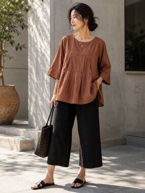 Terracotta Crinkle Texture Pleated Babydoll Tunic Top Medium*